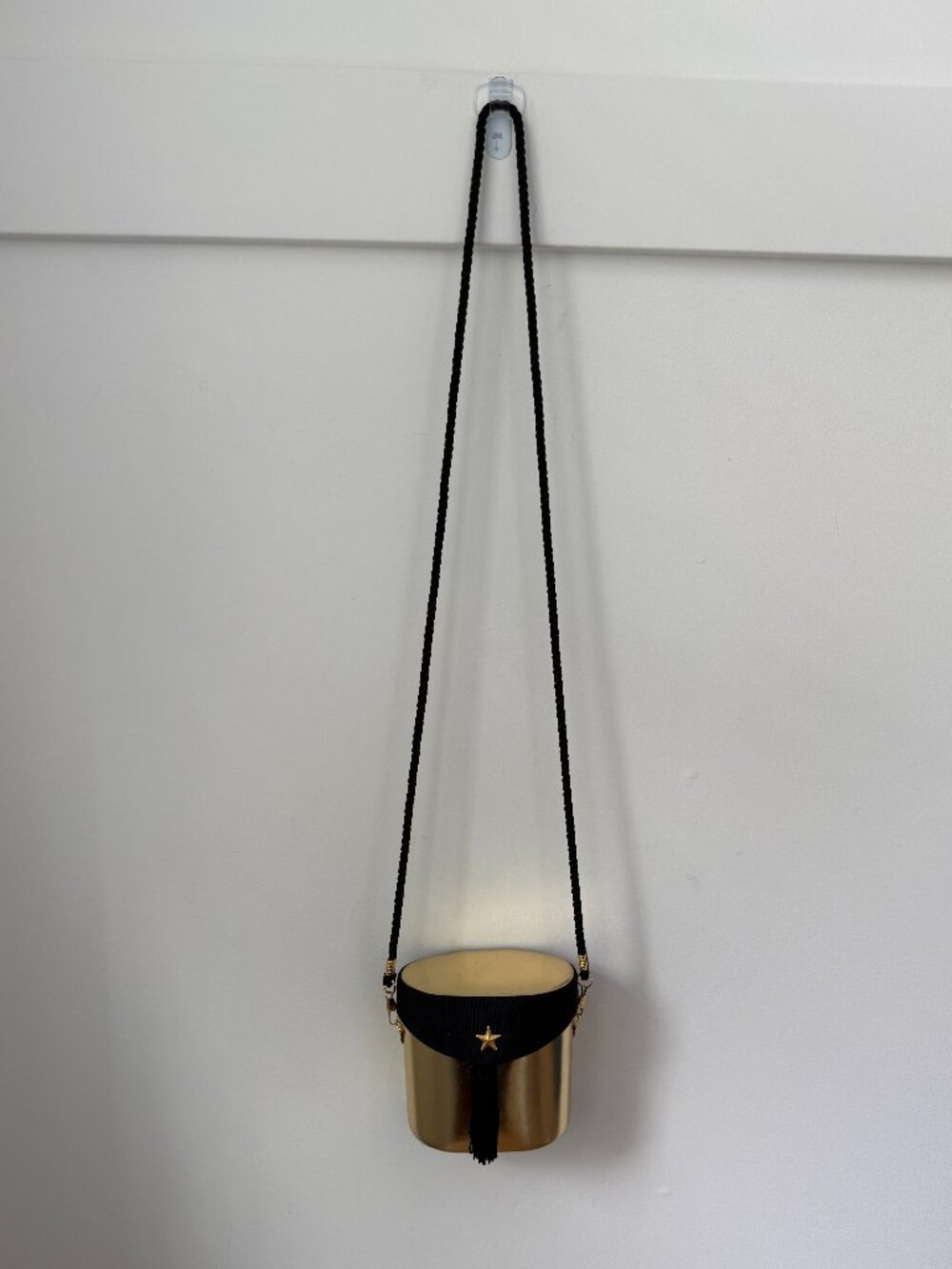 Vintage BOB MACKIE Gold Hard Shell Oval Box Bag Black Fabric Star Tassel - Picture 5 of 5